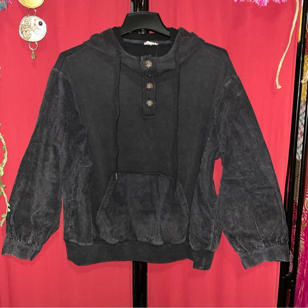 NWT POL Black Corduroy And Fleece Funnel Neck Hoodie